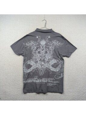 Y2K Skull Wings Graphic Polo T-shirt Gray Men 2XL Goth Grunge Affliction Style